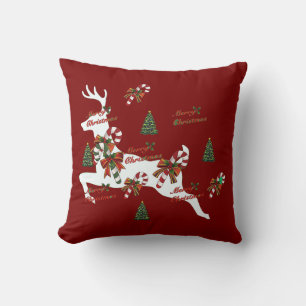 Merry Christmas Deer Dk Red Holiday Throw Pillow