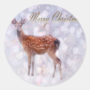 Merry Christmas Deer Friends in Snow Classic Round Sticker