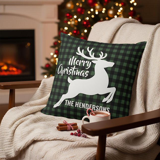 Merry Christmas Deer Green & Black Plaid Name Throw Pillow (Creator Uploaded)