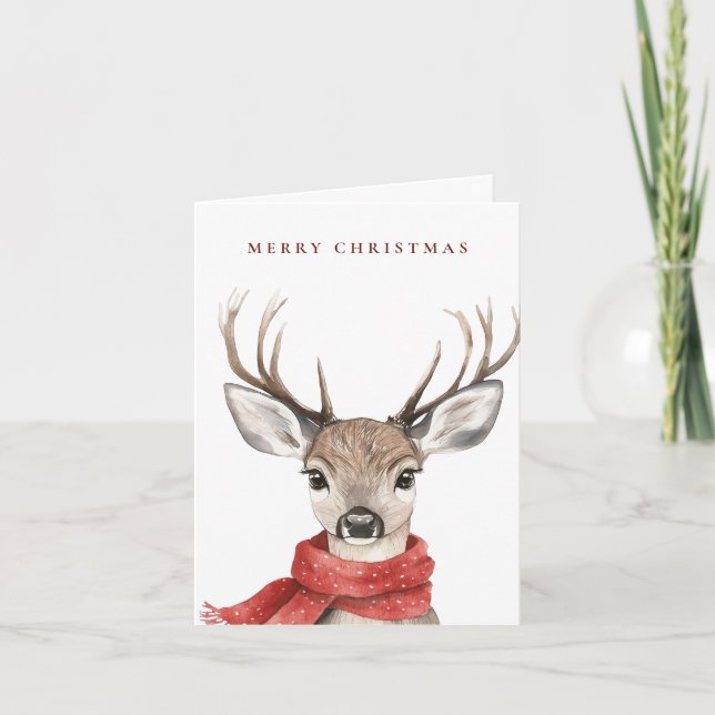 Merry Christmas Deer in a Red Scarf Holiday Card (Front)