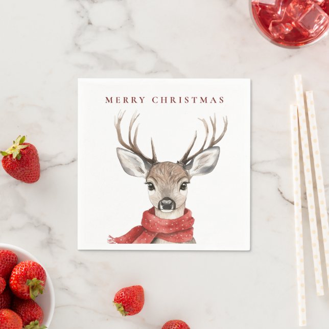 Merry Christmas Deer in a Red Scarf Napkin (Insitu)