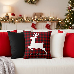 Merry Christmas deer on plaid Throw Pillow