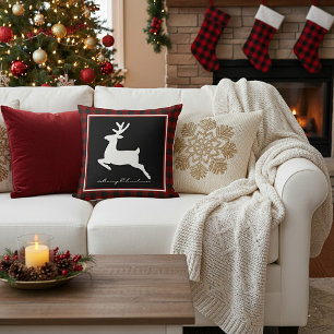 Merry Christmas deer on plaid Throw Pillow