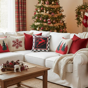 Merry Christmas deer on plaid Throw Pillow
