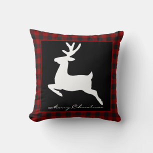 Merry Christmas deer on plaid Throw Pillow