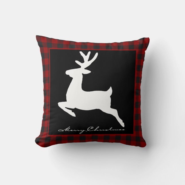 Merry Christmas deer on plaid Throw Pillow (Front)