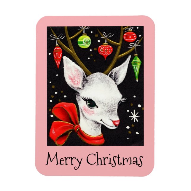 Merry Christmas Deer Pink Retro Holiday  Magnet (Vertical)