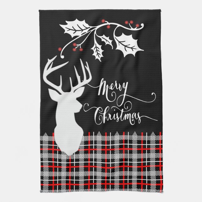 Merry Christmas Deer - Red Plaid Kitchen Towel (Vertical)