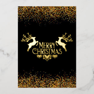 Merry Christmas Deer Stags Black and Gold Glitter Foil Holiday Card