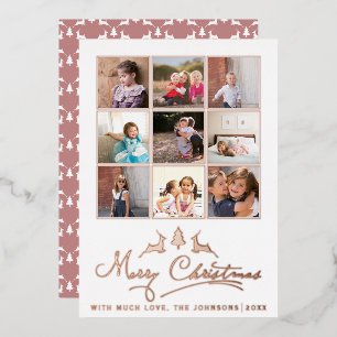 Merry Christmas deer, tree photo collage rose gold Foil Holiday Card