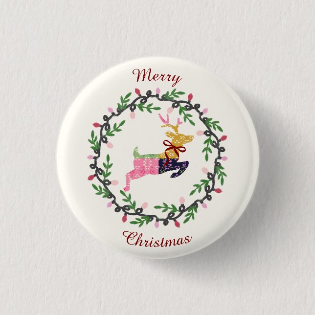 Merry Christmas Deer with Wreath Customize 1 Inch Round Button (Front)