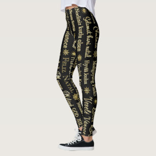 Merry Christmas Different Languages Gold Glitter Leggings