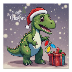 Merry Christmas Dinosaur with Present Poster