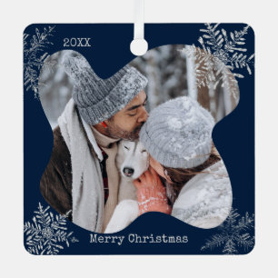 Merry Christmas Distressed Snowflakes Custom Photo Metal Ornament