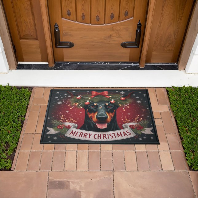 Merry Christmas Doberman Dog Twinkling Xmas Lights Doormat (Outdoor)