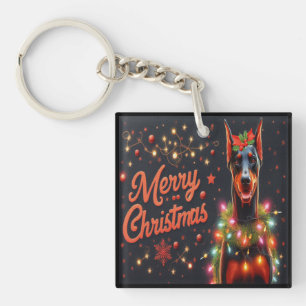 Merry Christmas Doberman Dog Twinkling Xmas Lights Keychain