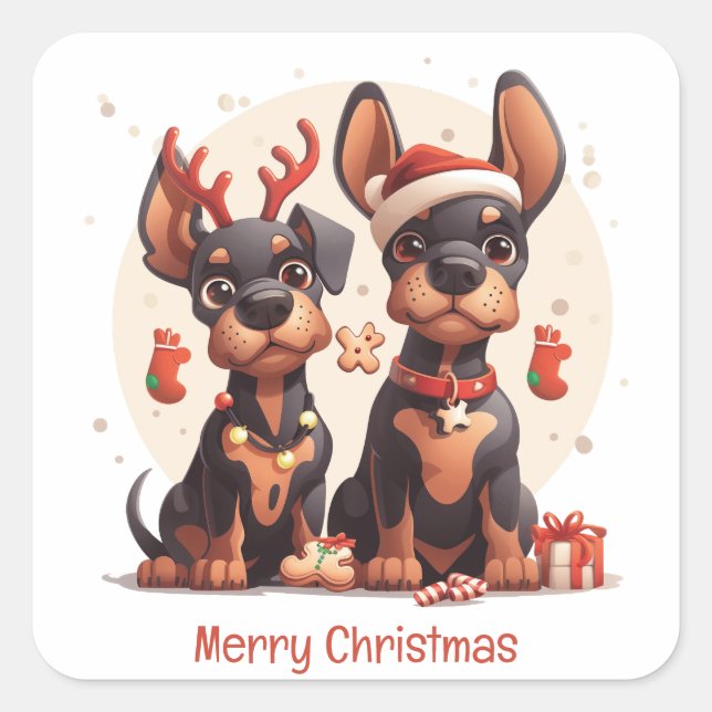 Merry Christmas Dobermann Dogs Square Sticker (Front)