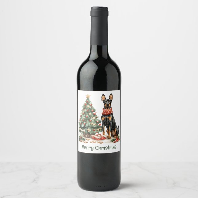 Merry Christmas Dobermann Dogs Wine Label (Front)