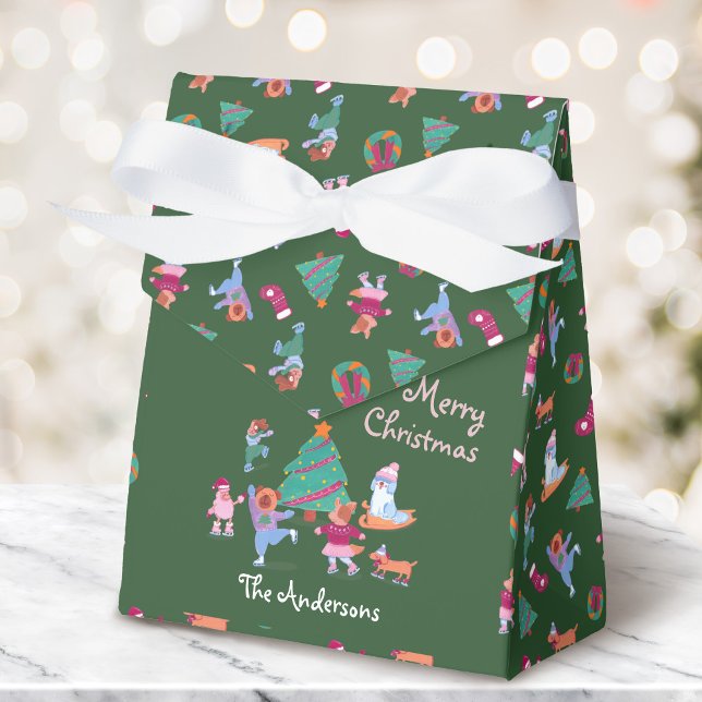 Merry Christmas Dog Ice Skating Festive Green Favor Box (Creator Uploaded)
