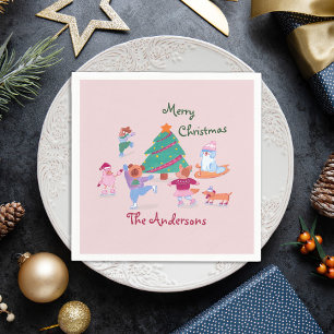 Merry Christmas Dog Ice Skating Name Blush Pink  Napkin