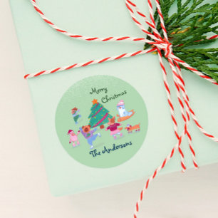 Merry Christmas Dog Ice Skating Name Moss Green  Classic Round Sticker