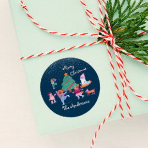Merry Christmas Dog Ice Skating Name Navy Gift Classic Round Sticker