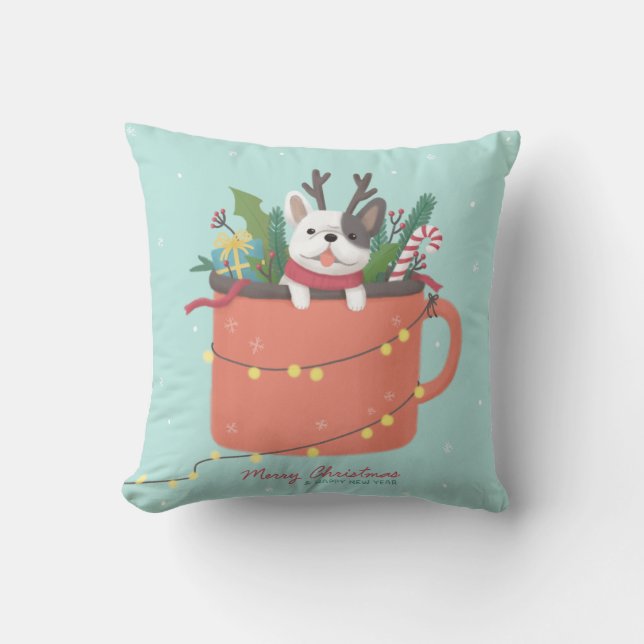 Merry Christmas: Dog Illustration Art Throw Pillow (Front)