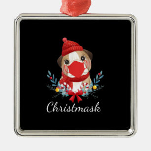 Merry Christmas Dog Lover Bulldog Wearing Mask Metal Ornament
