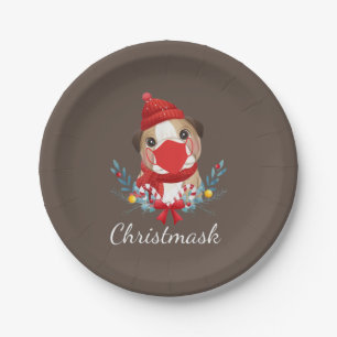 Merry Christmas Dog Lover Bulldog Wearing Mask Paper Plate