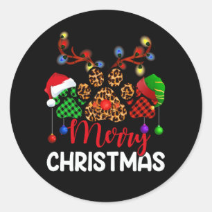 Merry Christmas Dog Paws Lights Buffalo Plaid Leop Classic Round Sticker