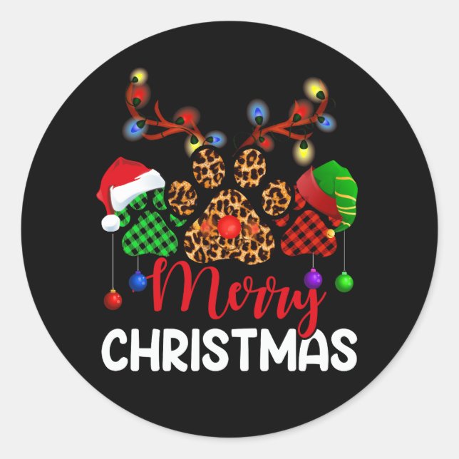 Merry Christmas Dog Paws Lights Buffalo Plaid Leop Classic Round Sticker (Front)