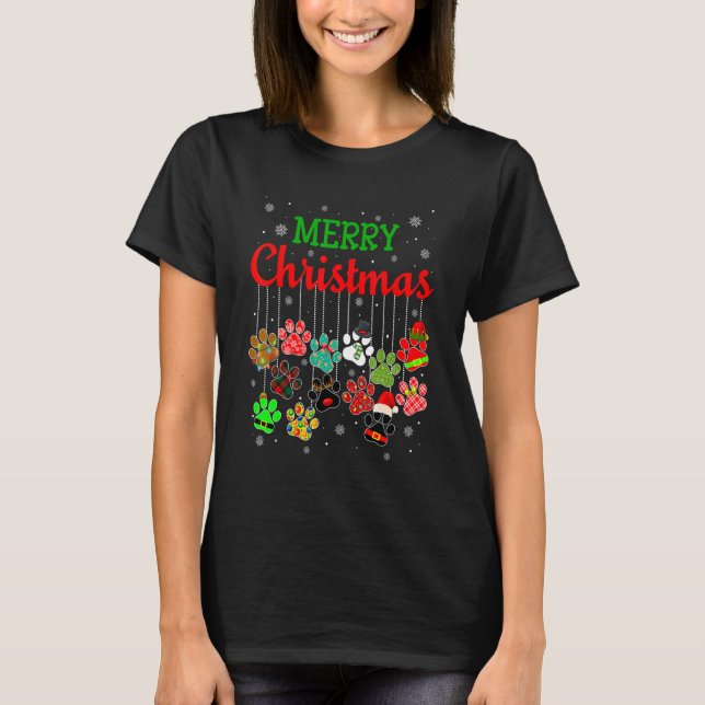 Merry Christmas Dog Paws Print Plaid Ugly Xmas Dog T-Shirt (Front)