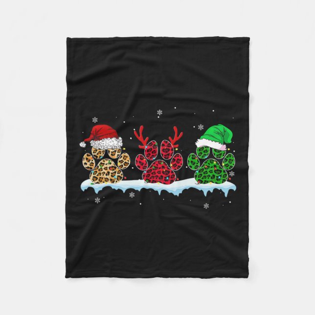 Merry Christmas Dog Paws Santa Hat Lights Leopard  Fleece Blanket (Front)