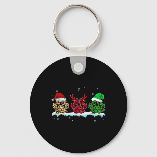 Merry Christmas Dog Paws Santa Hat Lights Leopard  Keychain (Front)