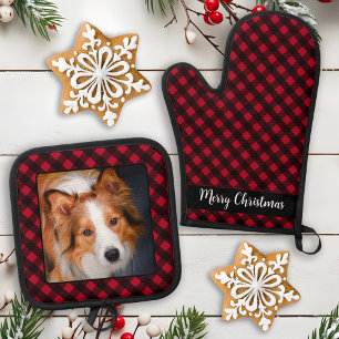 Merry Christmas Dog Photo Personalized Red Plaid Oven Mitt & Pot Holder Set