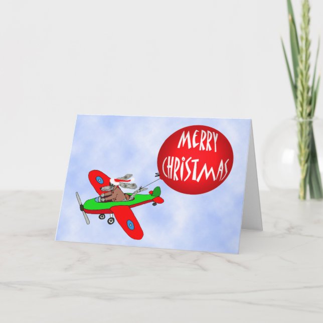 Merry Christmas, dog pilot in plane with balloon. Holiday Card (Front)