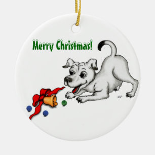 Merry Christmas - Dog with Bell and Ball Ceramic Ornament