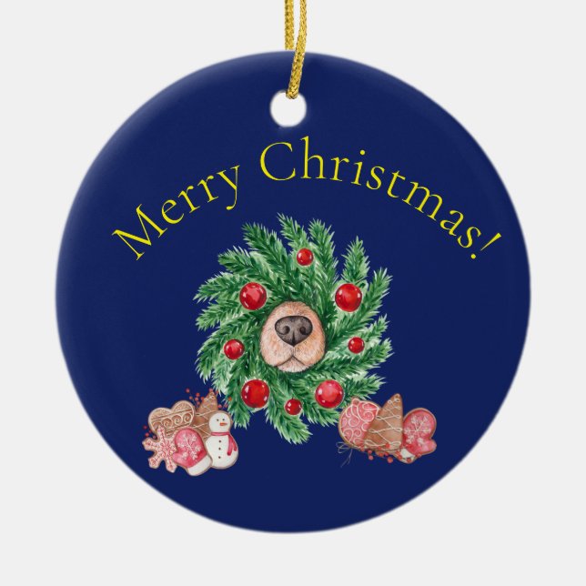 Merry Christmas Dog with Nose in Wreath Ceramic Ornament (Front)