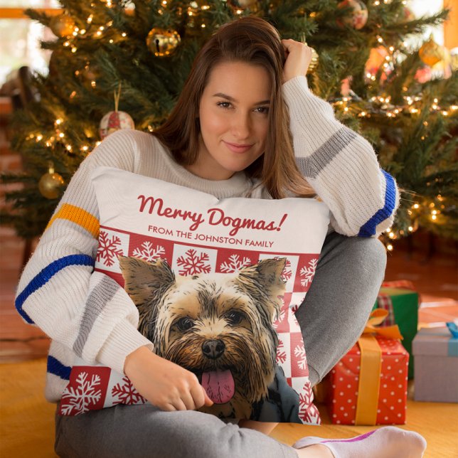 Merry Christmas Dog Yorkie Terrier Dogmas Red  Throw Pillow (When your Yorkie is the center of your Christmas decor. )