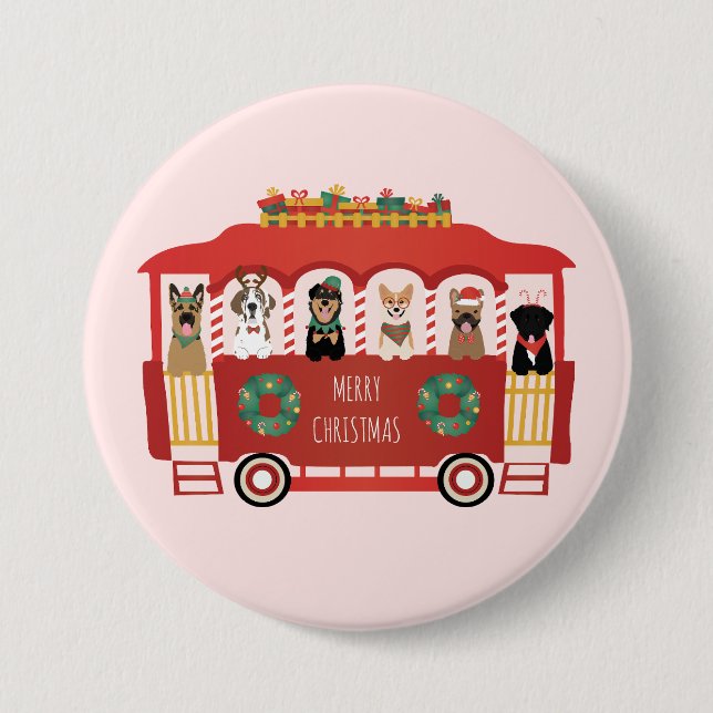 Merry Christmas Dogs Holiday Trolly 3 Inch Round Button (Front)