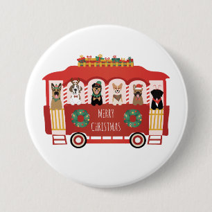Merry Christmas Dogs Holiday Trolly 3 Inch Round Button