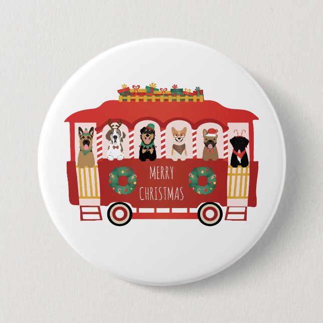 Merry Christmas Dogs Holiday Trolly 3 Inch Round Button (Front)