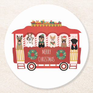 Merry Christmas Dogs Holiday Trolly Round Paper Coaster