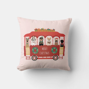 Merry Christmas Dogs Holiday Trolly Throw Pillow