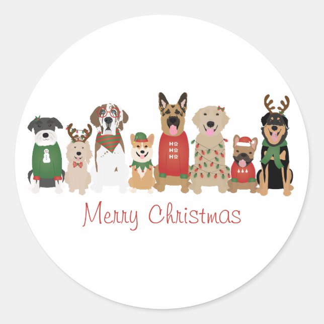 Merry Christmas Dogs Red Green Classic Round Sticker (Front)