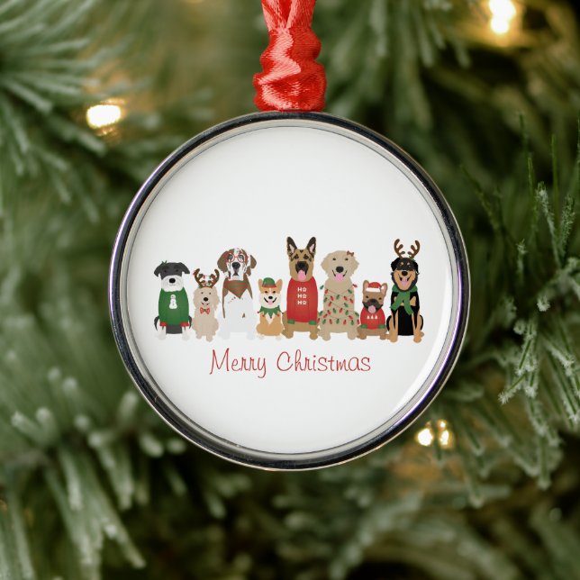 Merry Christmas Dogs Red Green Metal Ornament (Tree)
