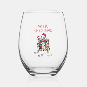 Merry Christmas dogs Stemless Wine Glass