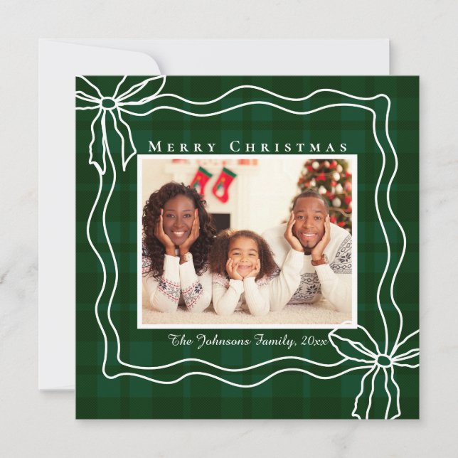 merry christmas doodle bow photo green plaid  holiday card (Front)