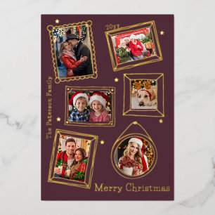 Merry Christmas Doodle Frame Multi Photo Foil Holiday Card