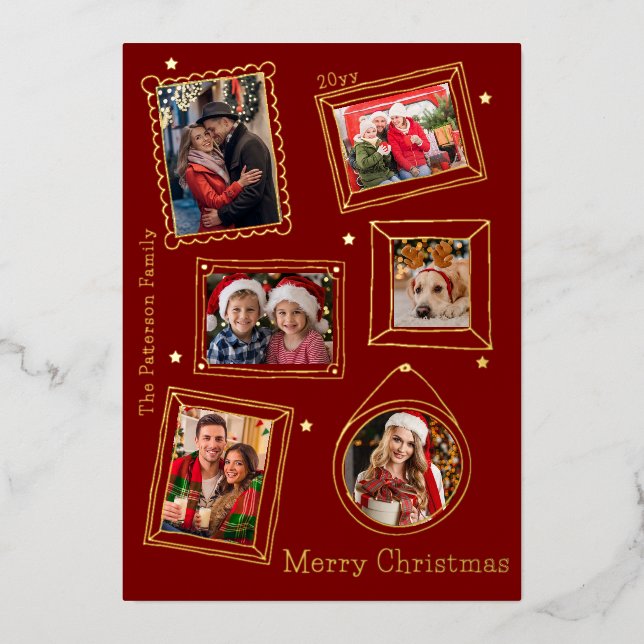 Merry Christmas Doodle Frame Multi Photo Foil Holiday Card (Front)